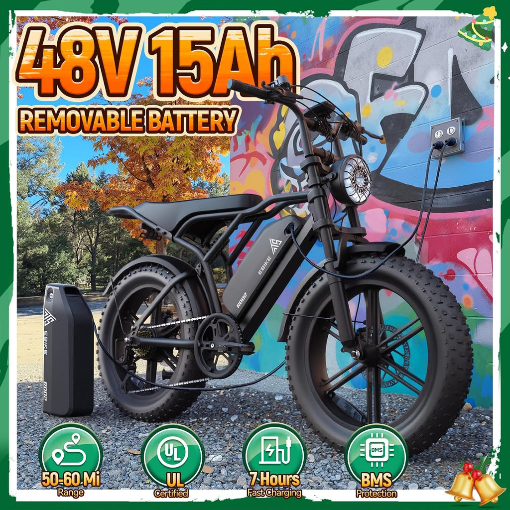 TST Electric Bike for Adults, 1500W Peak Motor 60/100 Miles Fat Tire Ebike with 48V 15Ah/25Ah Removable Battery 20' Electric Dirt Bike Full Suspension and 7-Speed