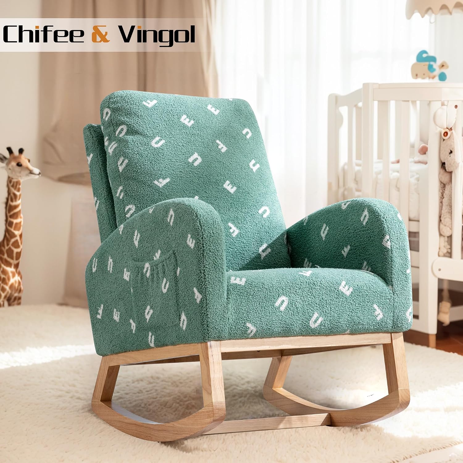 Chifee & Vingol Rocking Chair Nursery Sherpa Boucle Nursing Glider Rocker Chair, Teddy Green