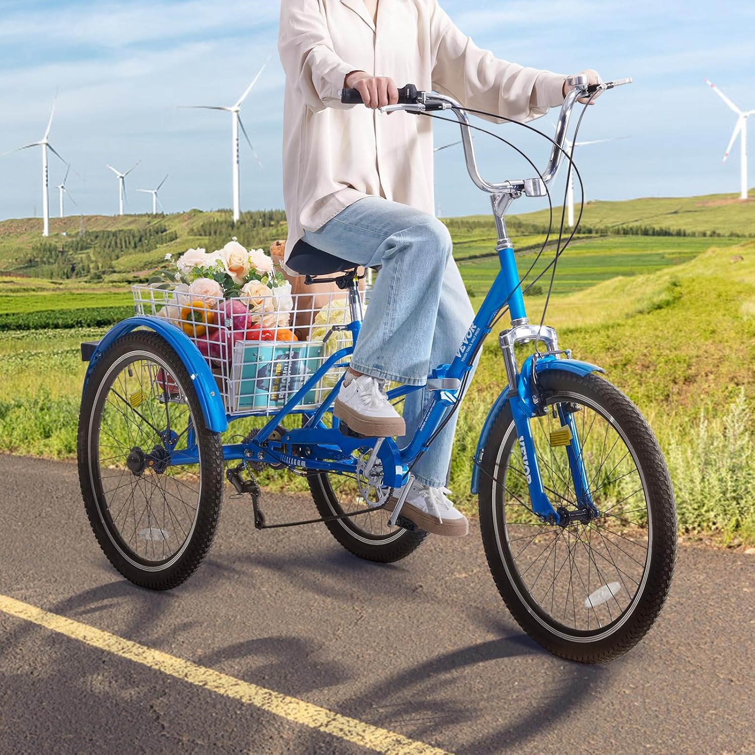 VEVOR Folding Adult Tricycle,Adult Folding Trikes, 3 Wheel Cruiser Bike with Large Basket & Adjustable Seat, Shopping Picnic Foldable Tricycles for Women, Men, Seniors