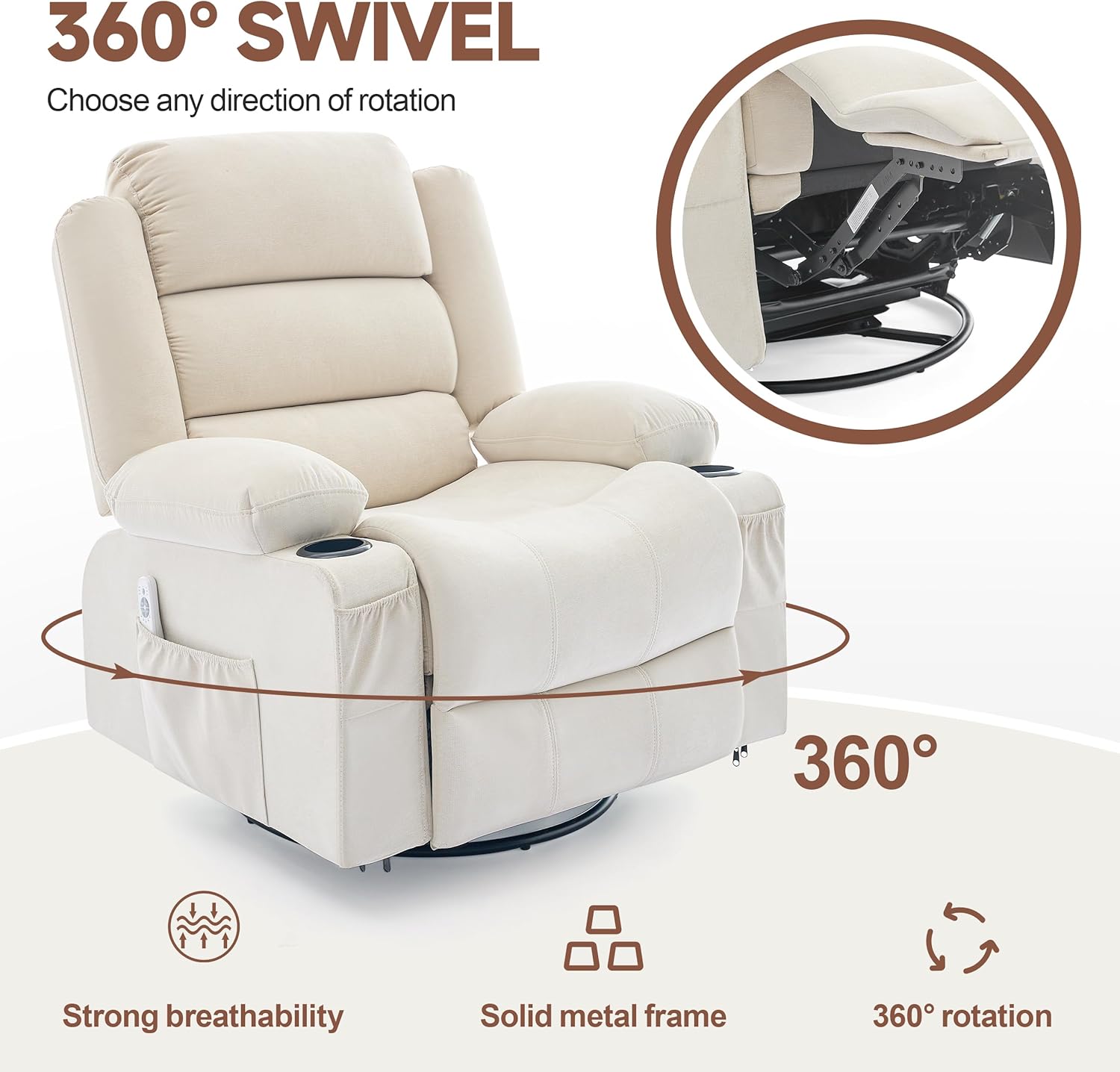 Rocker Recliner Chair with Heat and Massage, 360° Swivel Nursery Rocking Chairs for Adults, Oversized Recliner Single Sofa Seat with Cup Holders, Lazy Boy Recliner Single Sofa (Manual, Beige)
