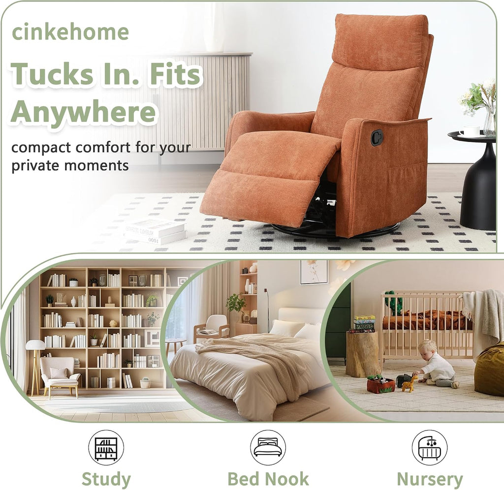 cinkehome Swivel Rocker Recliner Chair with Heated Massage, Rocking Reclining Chairs for Nursery, Small Spaces, High Back, Side Pocket