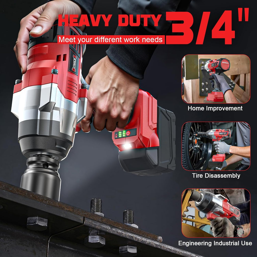 DIYtoolifz 3/4' Cordless Impact Wrench Compatible with Milwaukee 18V Battery: 1850FT-LBS(2500N.m) High Torque Impact Driver, Auto-Stop Reverse, 4-Speed Heavy Duty Impact for Car/Truck/Mower(Bare Tool)