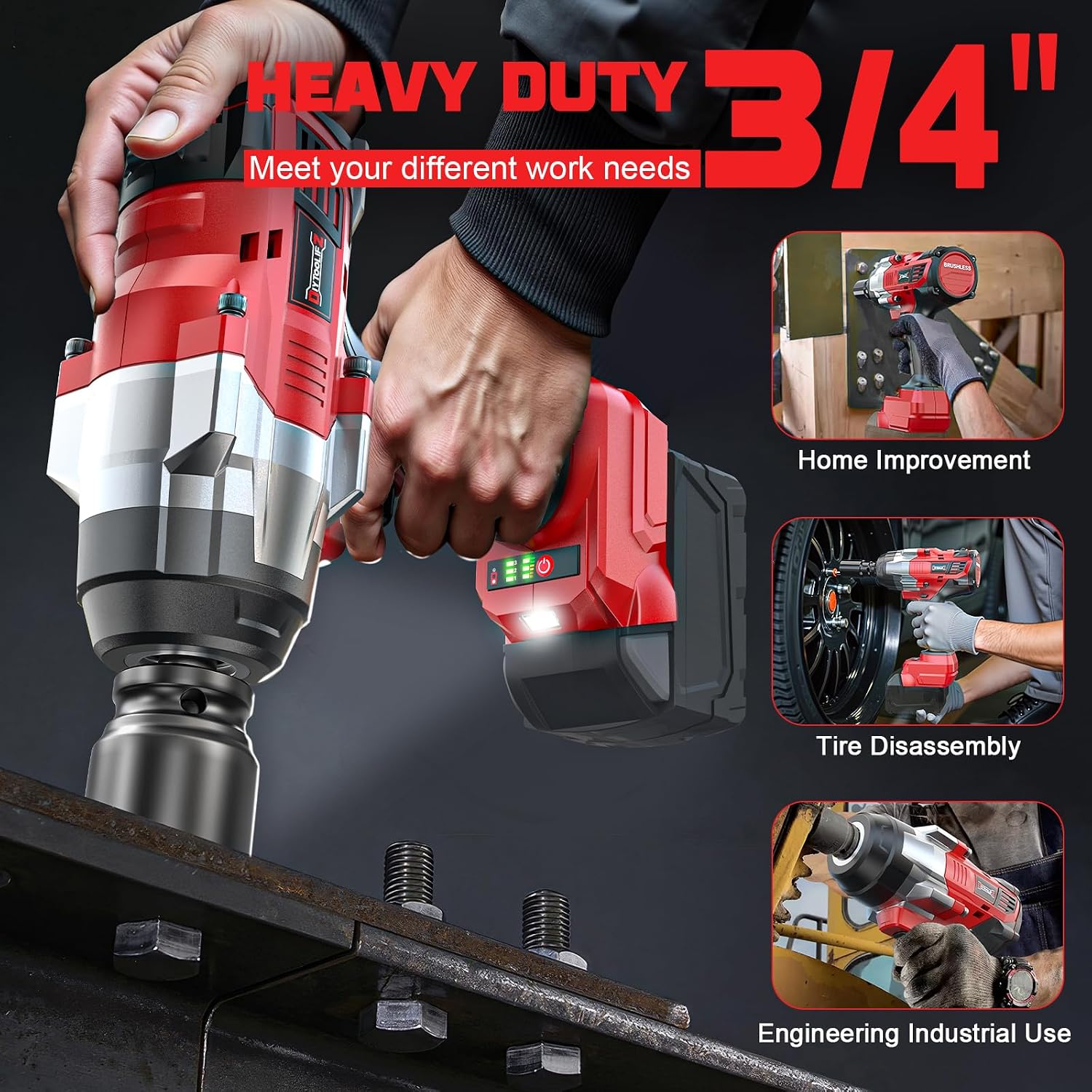 DIYtoolifz 3/4' Cordless Impact Wrench Compatible with Milwaukee 18V Battery: 1850FT-LBS(2500N.m) High Torque Impact Driver, Auto-Stop Reverse, 4-Speed Heavy Duty Impact for Car/Truck/Mower(Bare Tool)