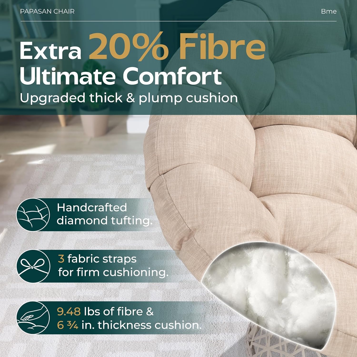 Bme 40' Ergonomic Wicker Papasan Chair with Soft Thick Density Fabric Cushion, High Capacity Steel Frame, 360 Degree Swivel for Living, Bedroom, Reading Room, Lounge