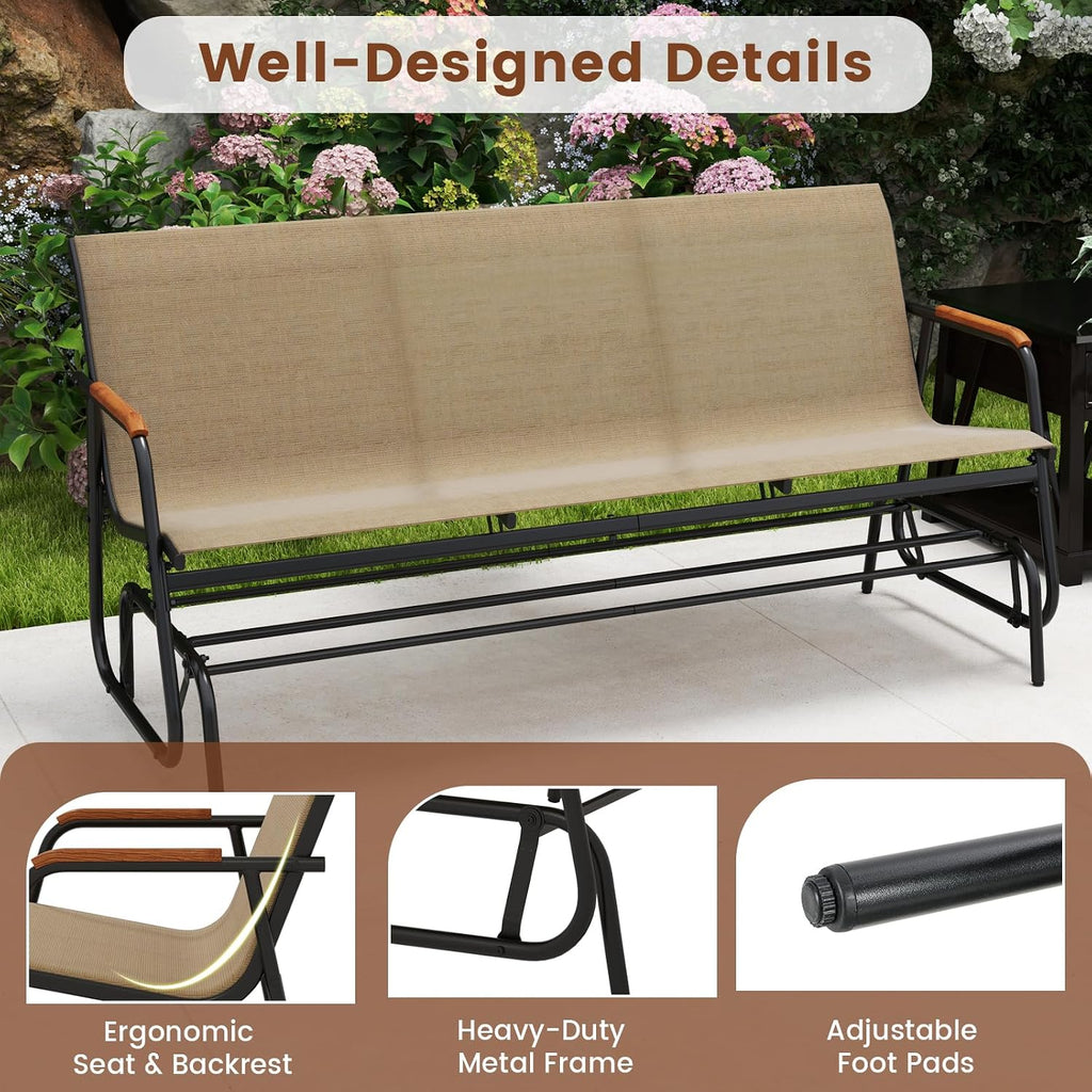 Giantex Patio Glider, 3-Person Swing Gliding Loveseat with Curved Teak Armrests, Fabric Seat, Metal Frame, Load 990lbs, Outdoor Rocking Chair for Porch, Yard, Poolside (29'x66.5'x33')