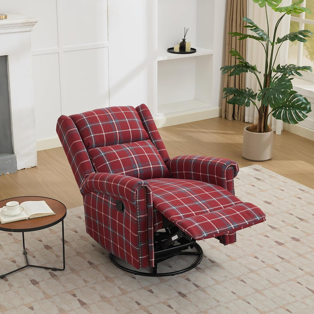 Swivel Rocker Recliner Chair, Manual Rocking Recliner Chair, Wingback Swivel Recliner Chair, Glider 360 Degree Swivel Chair with Padded Seat, Swivel Recliner Chairs for Living Room - Red