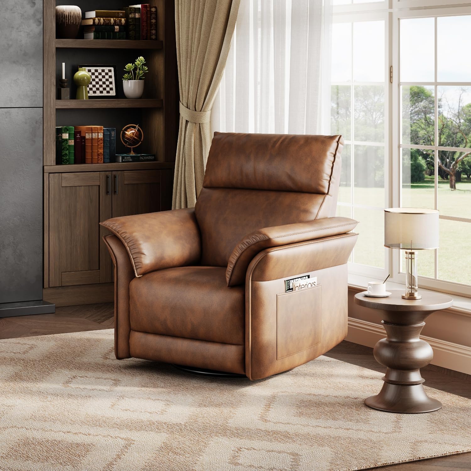IDEALHOUSE Power Recliner Chair, 270 °Swivel Rocking Glider with USB Charging Port, PU Leather Upholstered Fabric and Double-Layer Armrests, Nursery Chair for Living Room, Nursery (Walnut)
