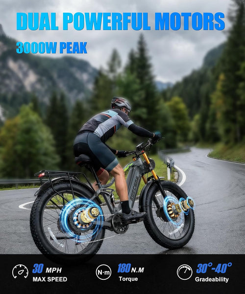 2026 Dual Motor Electric Bike for Adults AWD 5000W/3000W Peak 40 MPH/30 MPH E Dirt Bike, 52V/48V Removable Battery 65/80/150 Miles Max Long Range with Full Suspension 26' Fat Tires Mountain Bike