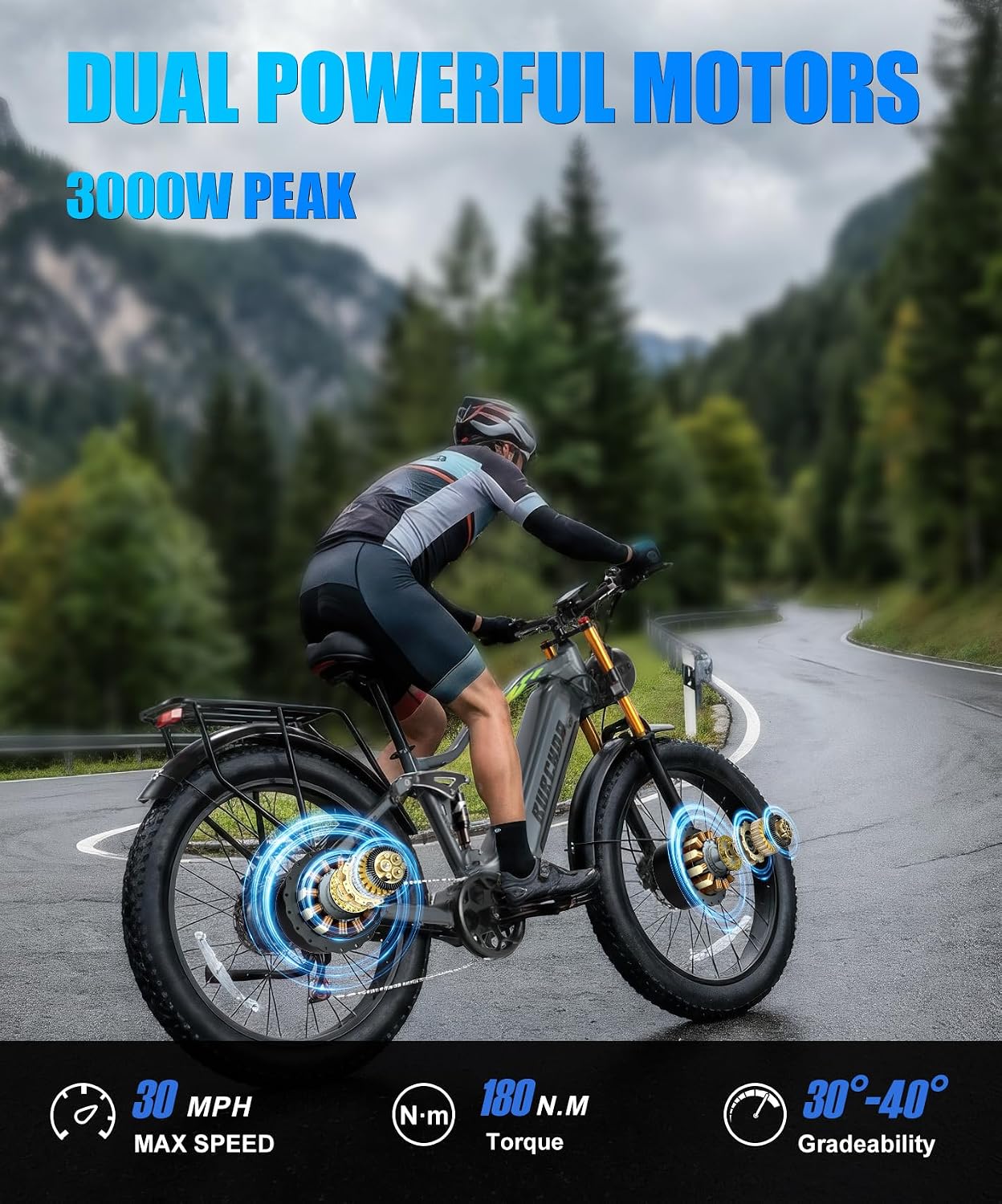 2026 Dual Motor Electric Bike for Adults AWD 5000W/3000W Peak 40 MPH/30 MPH E Dirt Bike, 52V/48V Removable Battery 65/80/150 Miles Max Long Range with Full Suspension 26' Fat Tires Mountain Bike