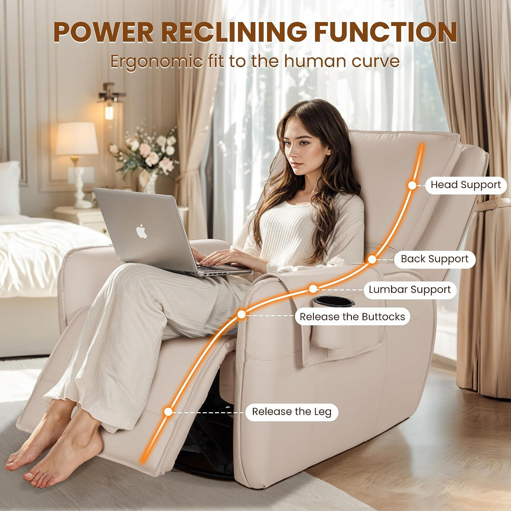 Power Swivel Rocking Recliner- Glider Rocking Chair for Adult - Nursery Glider for Breastfeeding,Quiet Motor, Faux Leather - Swivel Recliner for Living Room, Nursery (Cream White)