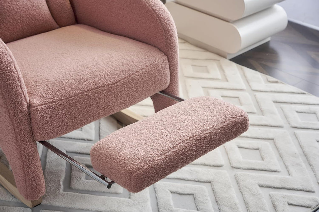 Rocking Chair with Foot Rest, Nursery Glider Teddy Gliding Rocking Chair with Retractable Footrest Rubber Wood Legs Side Pocket High Back & Wide Seat Nursing Chair for Living Room (Pink)