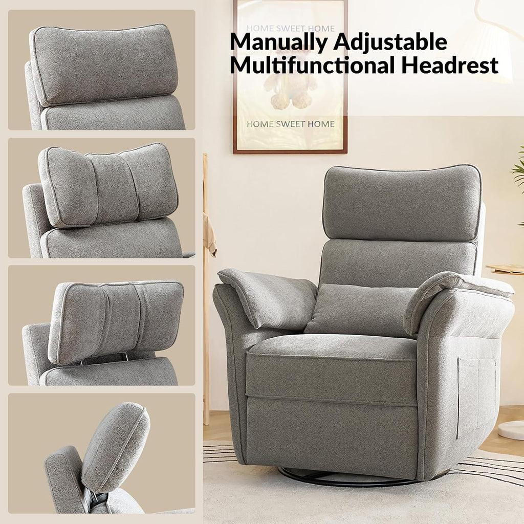 HULALA HOME Nursery Glider Recliner with Adjustable Headrest and Armrests, Modern Power Swivel Rocker Recliner Chair with USB Port and Storage Bags, GREENGARD, FSC, CertiPUR-US® Certified, Ash