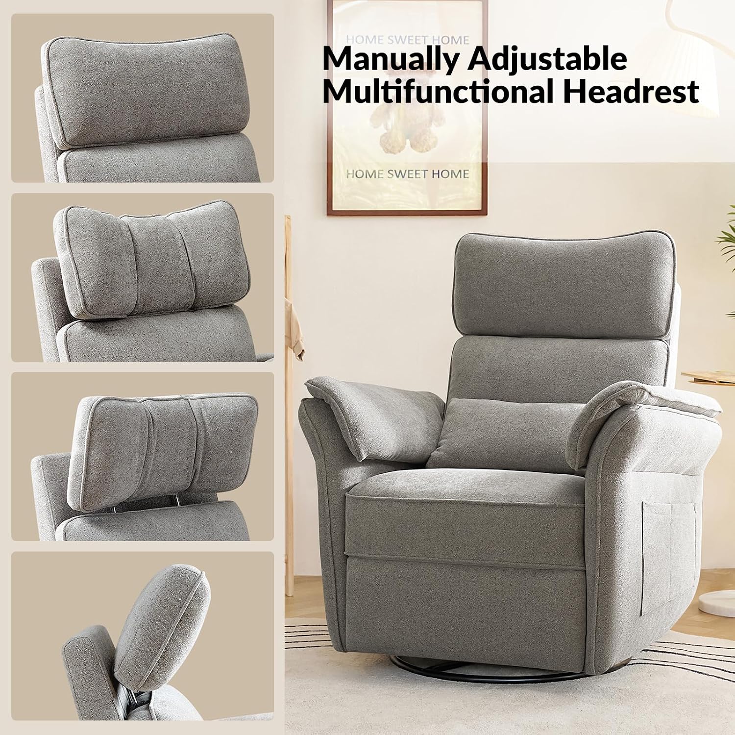 HULALA HOME Nursery Glider Recliner with Adjustable Headrest and Armrests, Modern Power Swivel Rocker Recliner Chair with USB Port and Storage Bags, GREENGARD, FSC, CertiPUR-US® Certified, Ash