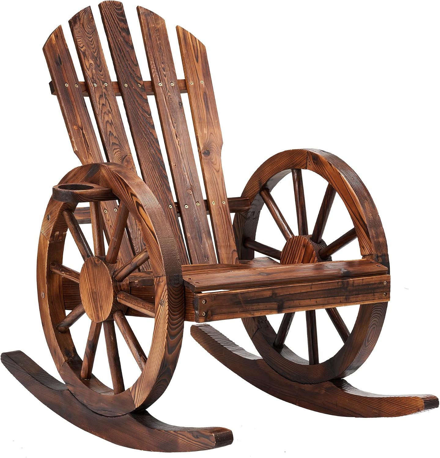 AHB Outdoor Wood Rocking Chair, Wagon Wheel Decor Armrest Yard Glider Rocking Patio Chair with Slatted Design, Adirondack Rocking Chair for Porch Lawn Garden Balcony Poolside, Brown (1 PCS)