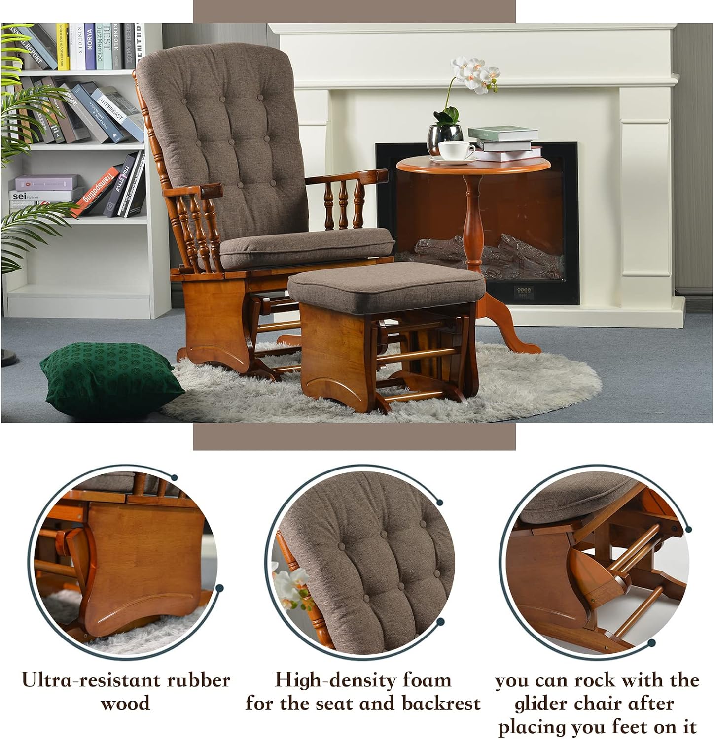 Anti-Pinch Nursery Glider Rocking Chair with Ottoman, Solid Rubber Wood Frame, Silent Smooth Gliding Design, Vintage Carved Armrest for Nursing, Living Room, Bedroom, Oak
