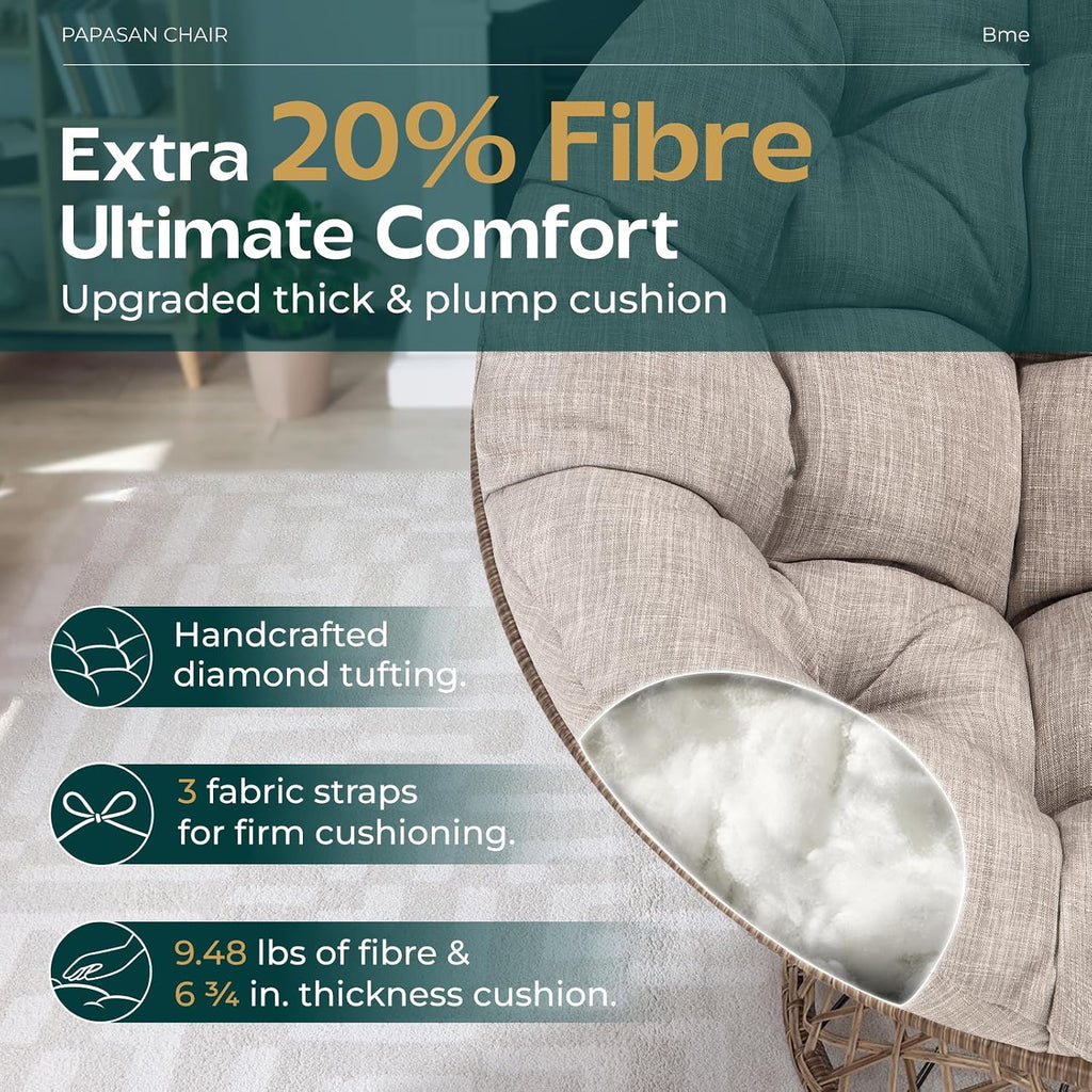 Bme 40' Ergonomic Wicker Papasan Chair with Soft Thick Density Fabric Cushion, High Capacity Steel Frame, 360 Degree Swivel for Living, Bedroom, Reading Room, Lounge, Silver Cloud - Brown Base