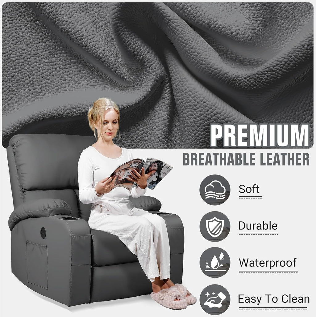 LEVELEVE Rocking Recliner Chair, Massage Rocker Recliner Chair with Vibration Massage and Heat, USB and Type-C Ports,360° Swivel Faux Leather Chairs, Living Room, Bedroom, Nursery, RV, Dark Grey
