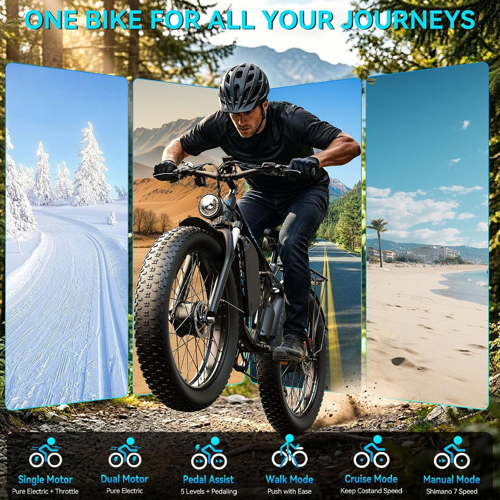 9000W Peak Electric Bike for Adults,58V Max-Output 1856Wh Dual Motor Ebike,34Ah Battery 47MPH Up to 105Miles Fast 24' x4.0 Fat Tire Ebike,Full-Suspension Mountain E-Bike for Beach Snow