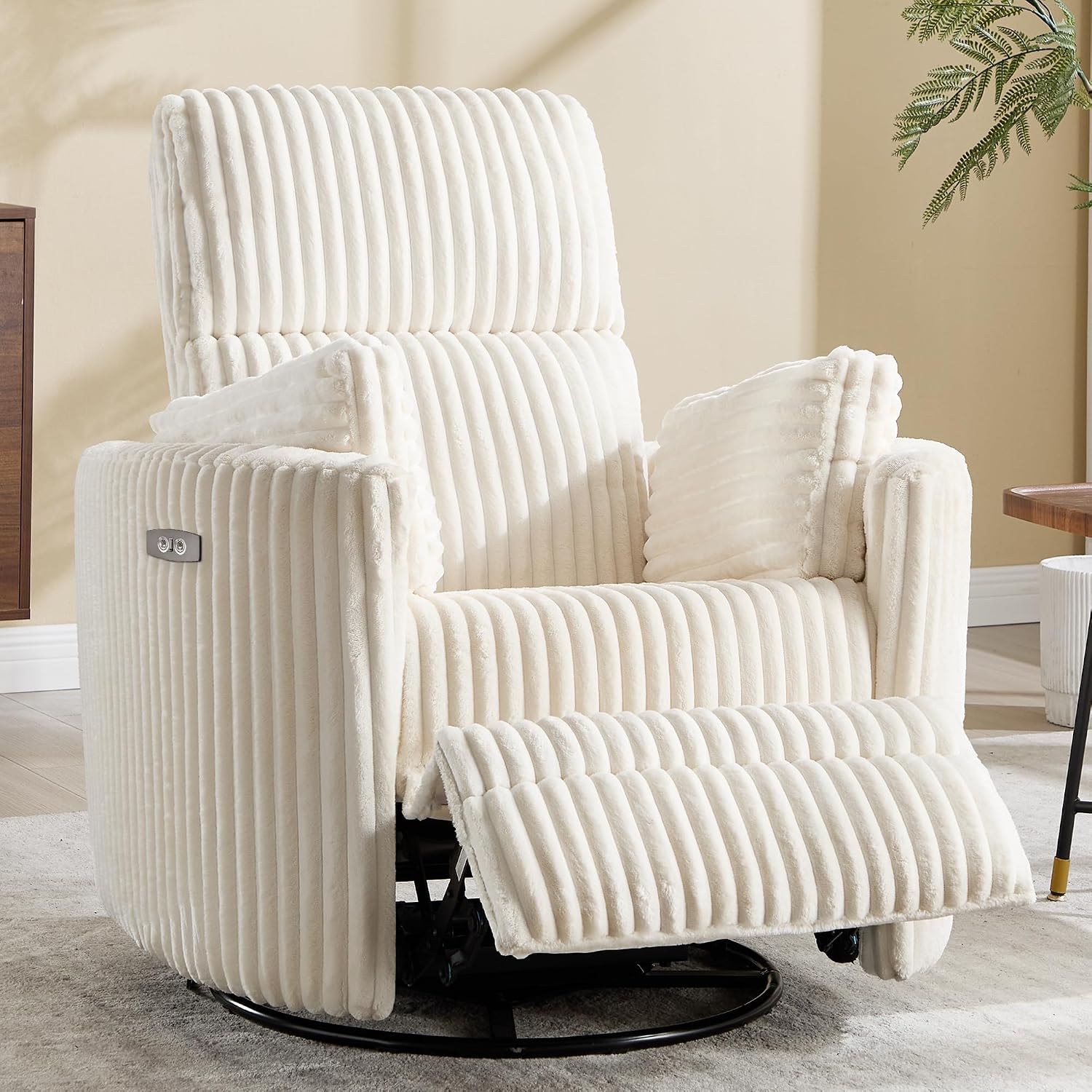 Power Recliner,Nursery Swivel Glider Rocking Chair with USB Port,Upholstered Adult Electric Recliner Rocking Chair with 2 Pillows for Living Room Bedroom (Beige Corduroy, Power-Driven)
