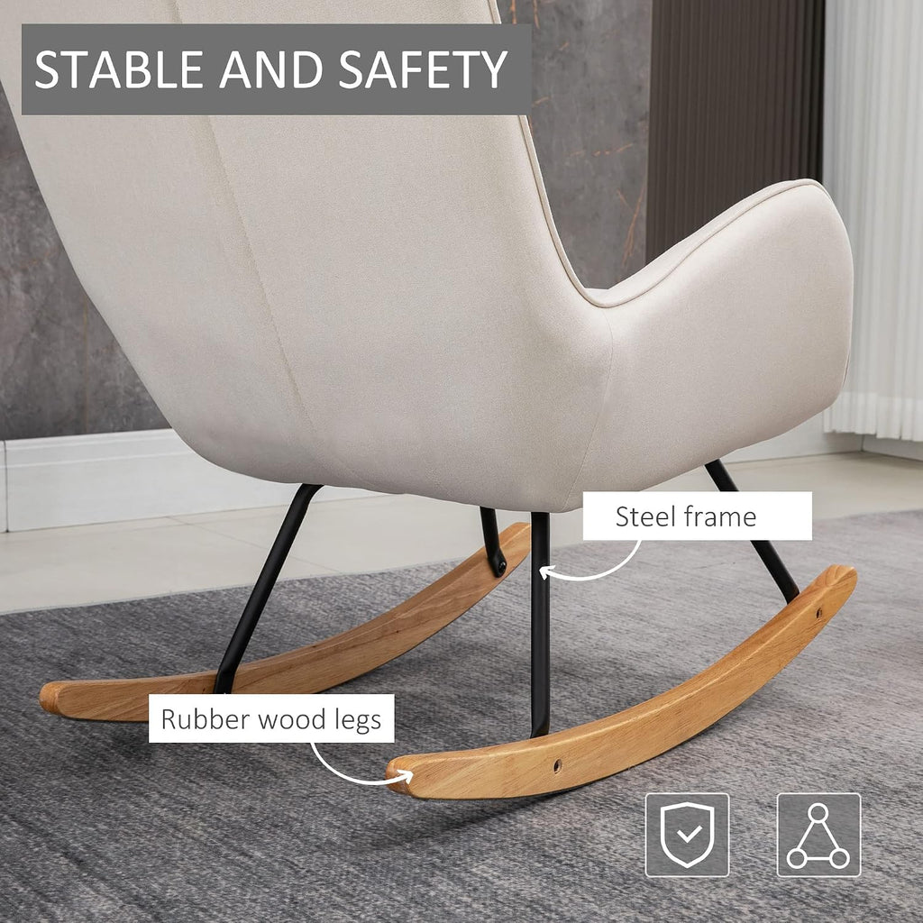 HOMCOM Mid-Century Fabric Rocking Chair Sofa Armchair Tufted Rocker Wingback Accent Chair with Padded Seat, Rubber Wood Base for Home Studio, Bedroom, Living Room, Cream White