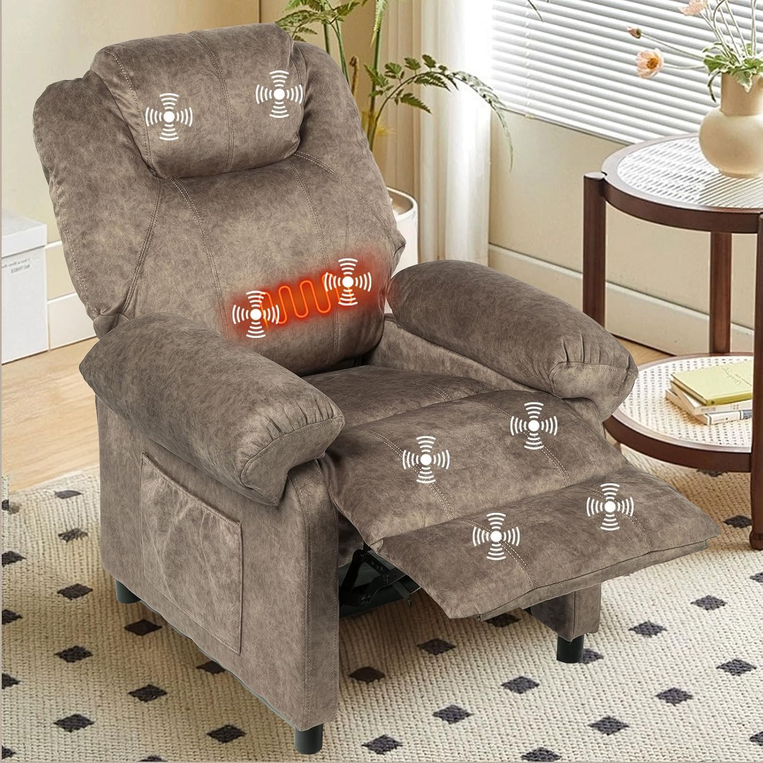 Pushback Massage Recliner Chair with Heat, Fabric Heated Small Massaging Reclining Chair Single Sofa for Adults, Overstuffed Push Back Manual Recliner for Living Room,Brown