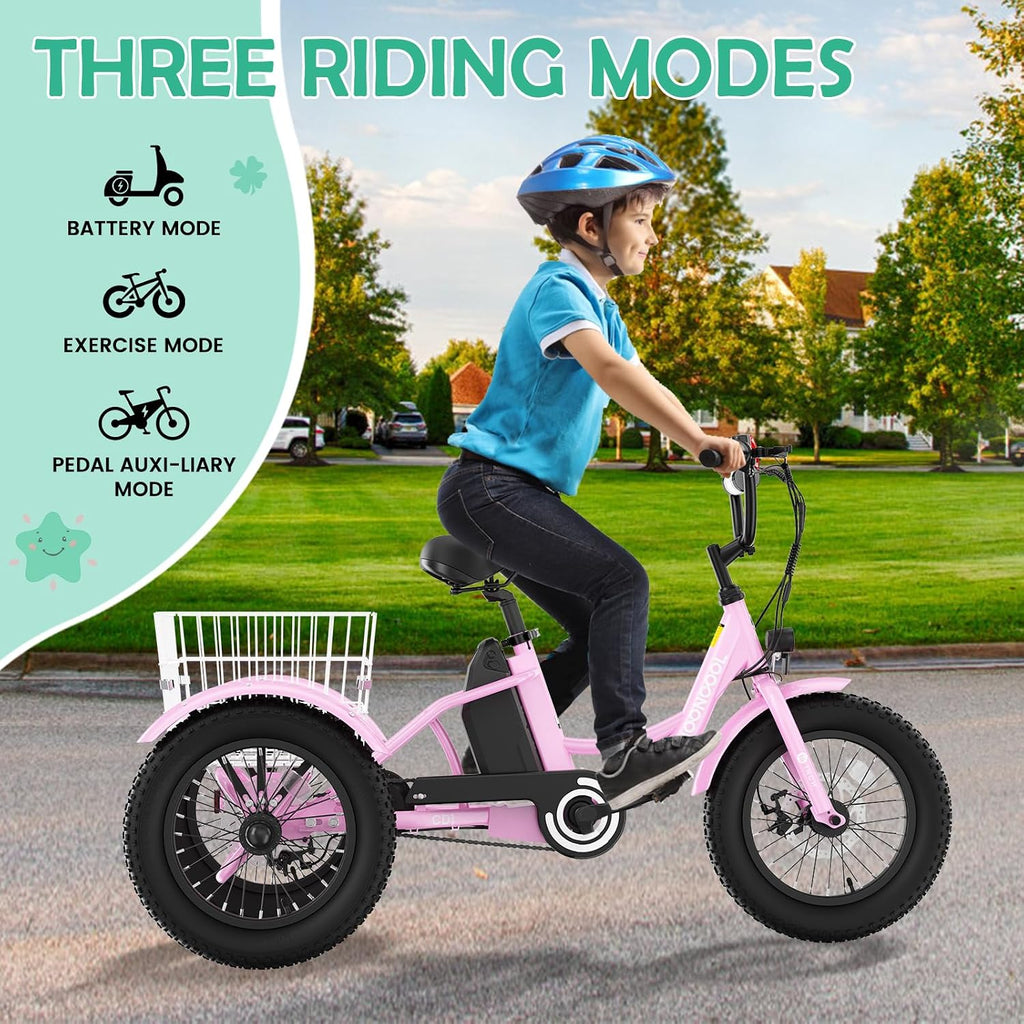 LILYPELLE Electric Tricycle for Youth, 250W Aluminum Frame Electric Tricycle Etrike, 16IN 3 Wheels Electric Bicycle Bikes, 3.0 Fat Tire Electric Trike with Removable Battery and Rear Basket