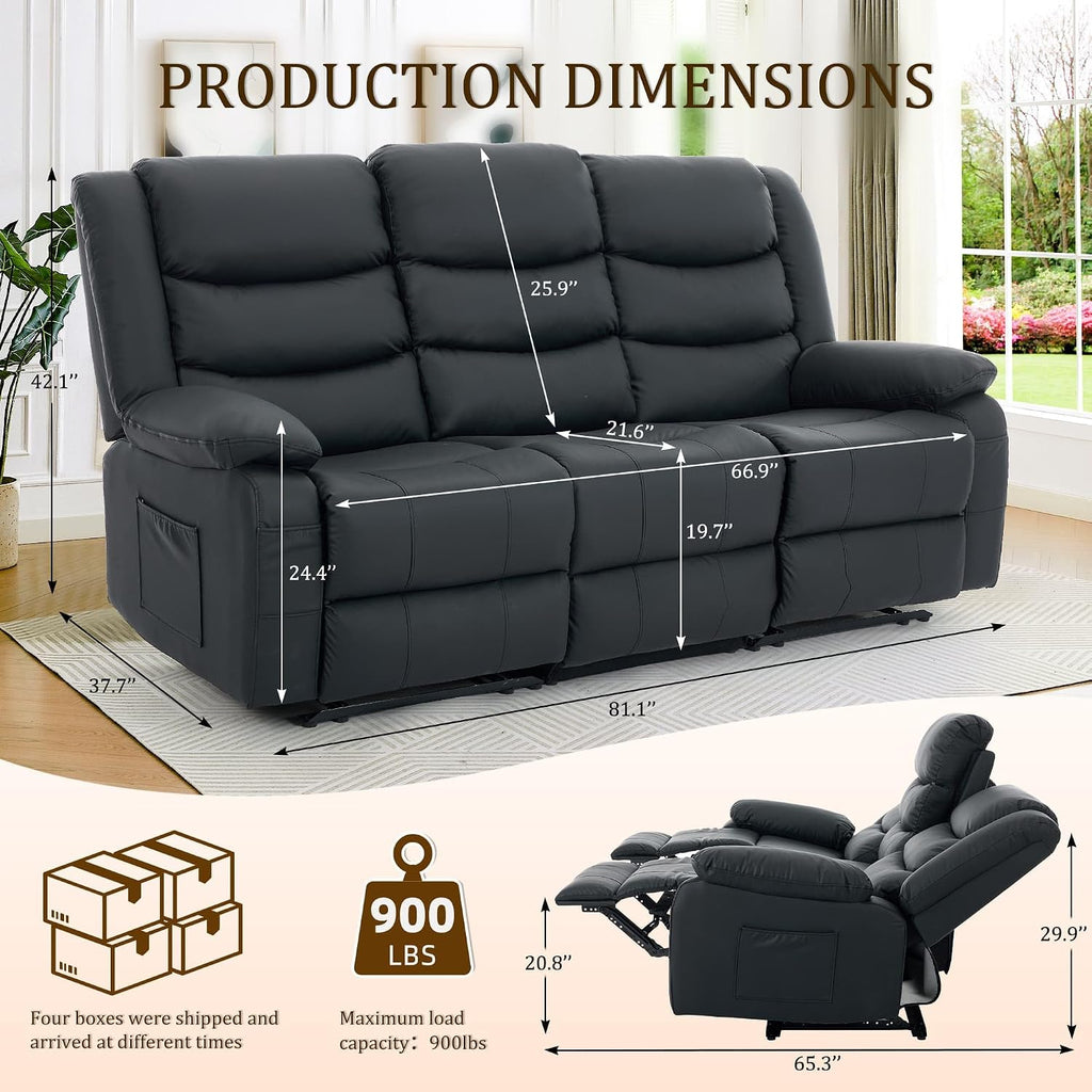 Korser Recliner Sofa, Reclining Loveseat with Console, Oversized Reclining Couch with Drop Down Table, 3-Seater Sofa with Cup Holder and Recessed Power Strip, Black