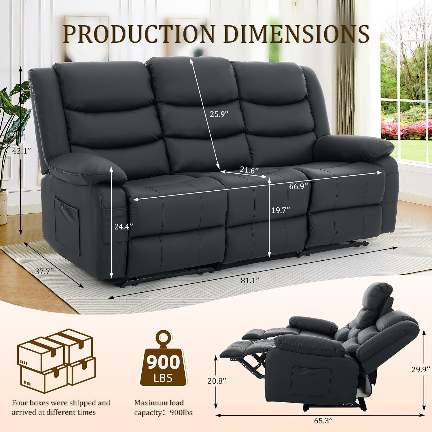 Korser Recliner Sofa, Reclining Loveseat with Console, Oversized Reclining Couch with Drop Down Table, 3-Seater Sofa with Cup Holder and Recessed Power Strip, Black