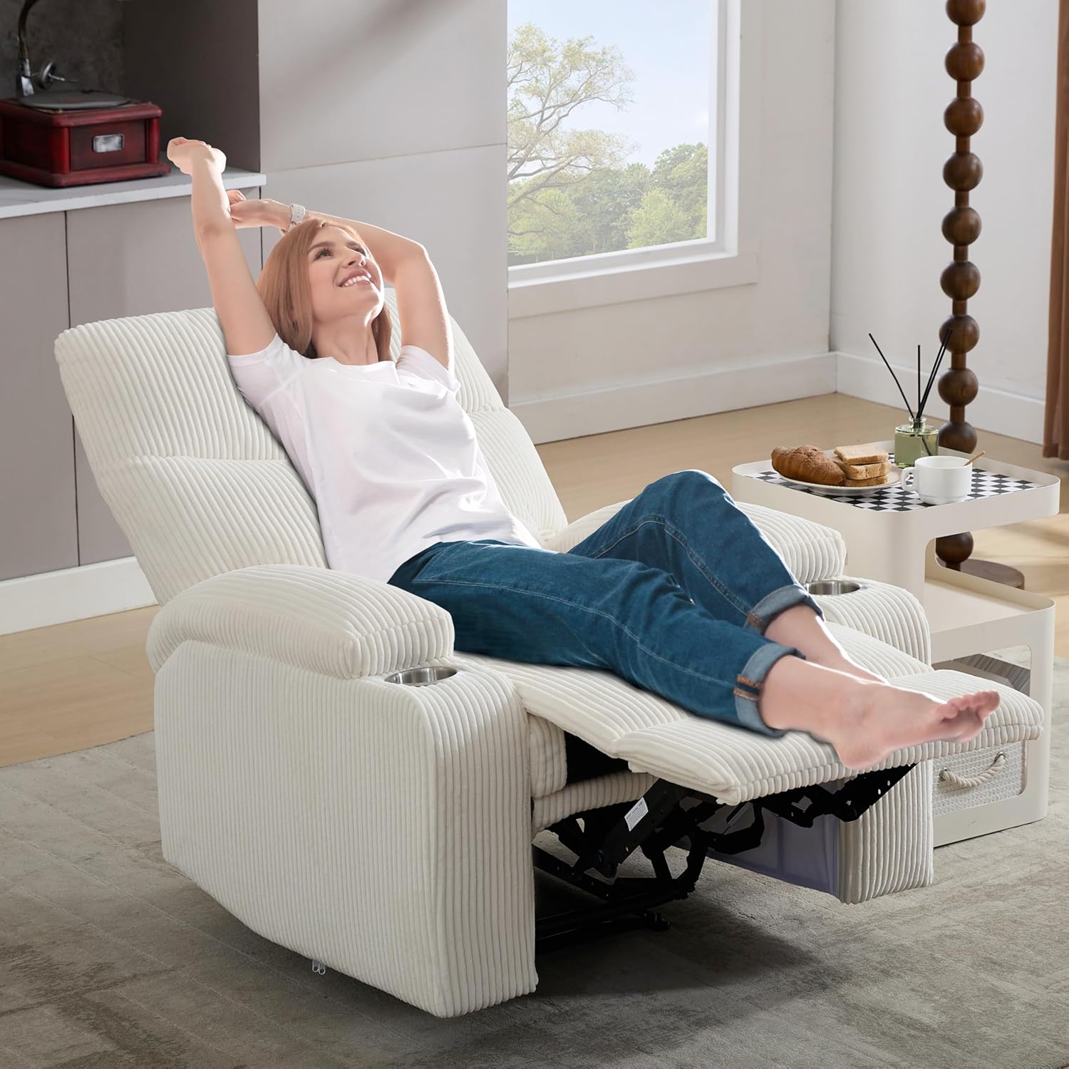 Manual Recliner Chair with Pull Ring, 3 Position 140° Reclining Sofa for Living Room, Nursery, RV, and Office,Oversized Recliner Chairs for Adults(White Corduroy Fabric)