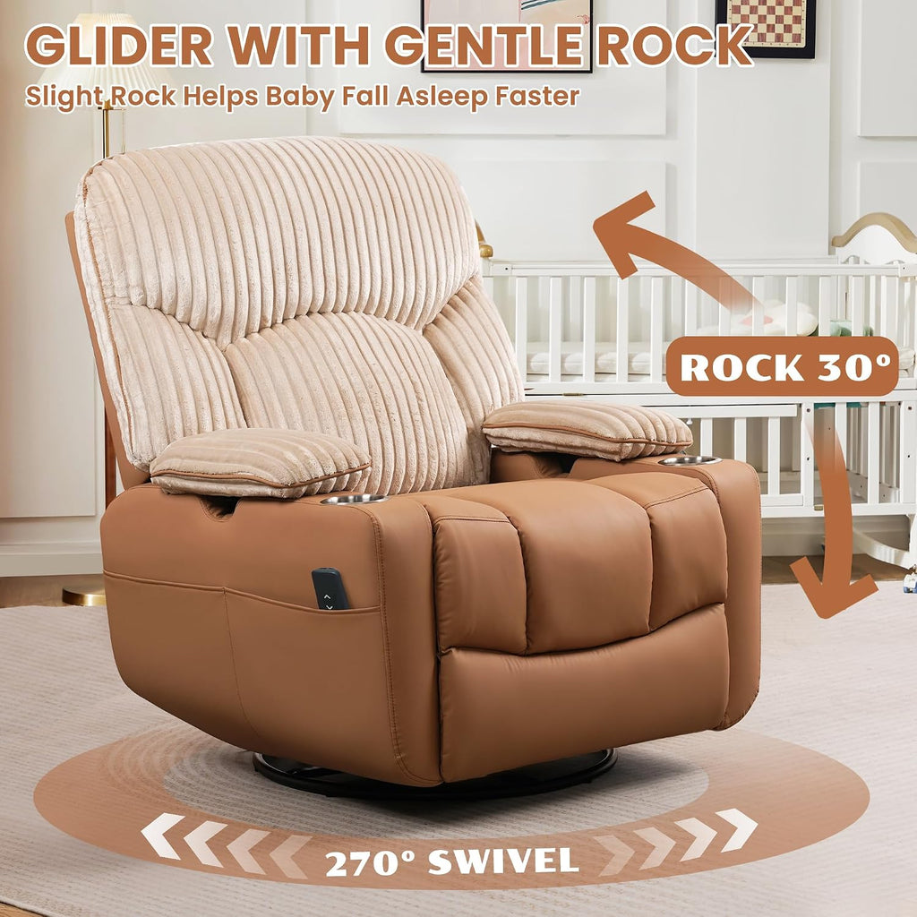 SUNWAVE Power Nursery Rocking Chair with Adjustable Armrests, Nursing Chair with USB, Cup Holders, Swivel Rocker Recliner with Corduroy and PU Leather Fabric