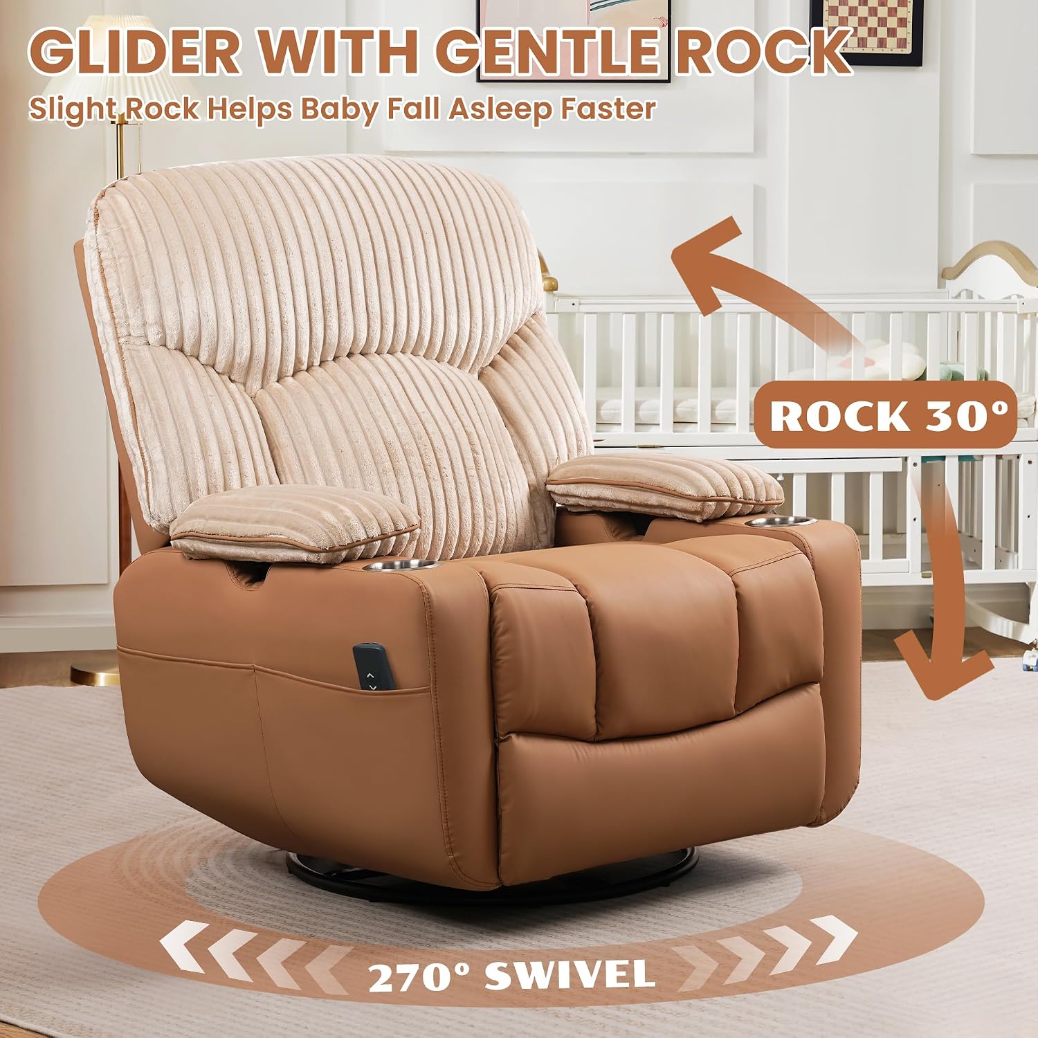 SUNWAVE Power Nursery Rocking Chair with Adjustable Armrests, Nursing Chair with USB, Cup Holders, Swivel Rocker Recliner with Corduroy and PU Leather Fabric
