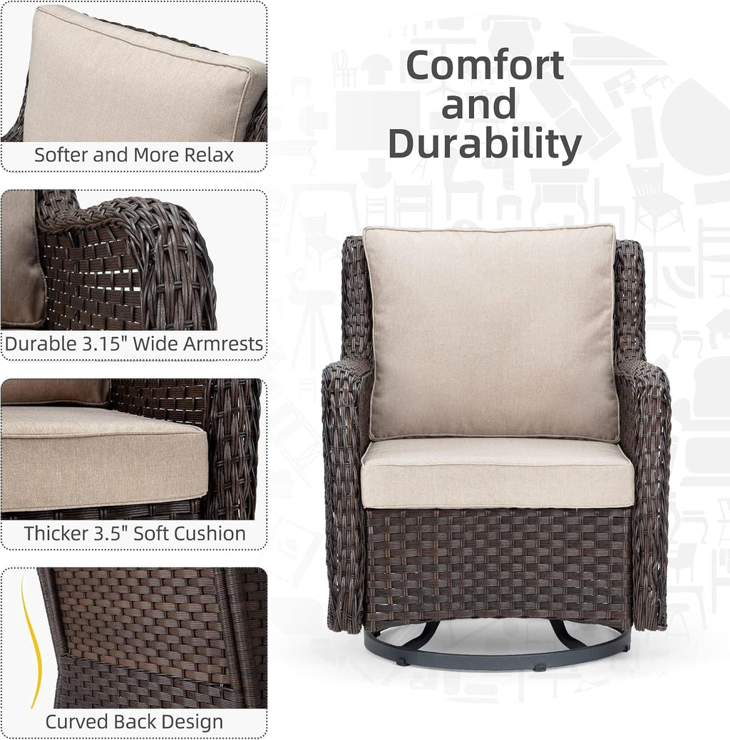 Outdoor Porch Chairs with Table, 3-Piece Wicker Glider Rocking Chair Set, 360° Swivel Patio Furniture with 4' Thick Cushions for Porch, Deck, Balcony