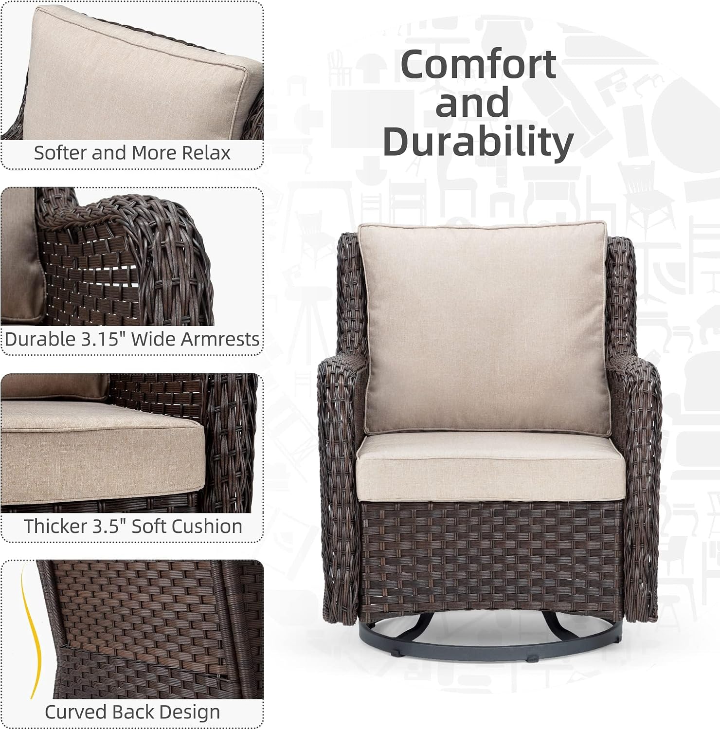 Outdoor Porch Chairs with Table, 3-Piece Wicker Glider Rocking Chair Set, 360° Swivel Patio Furniture with 4' Thick Cushions for Porch, Deck, Balcony