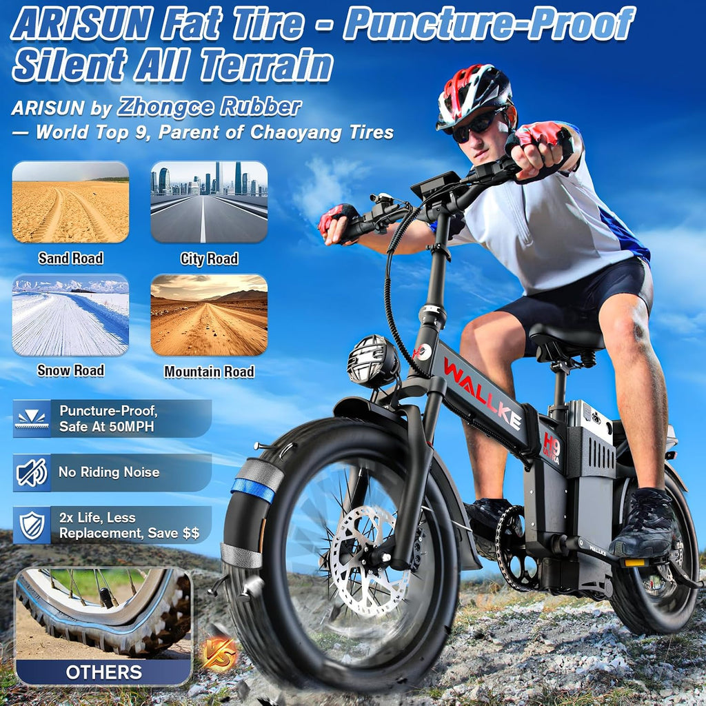 Wallke H9 ULTRA HIGH-END Long Range Electric Bike for Adults, 55Ah 2640Wh Solar Power Hub Battery,105NM 40MPH Fast Ebike Torque Sensor,ARISUN Fat Tire E Bike for Camping Hunting Commute Fitness, Black