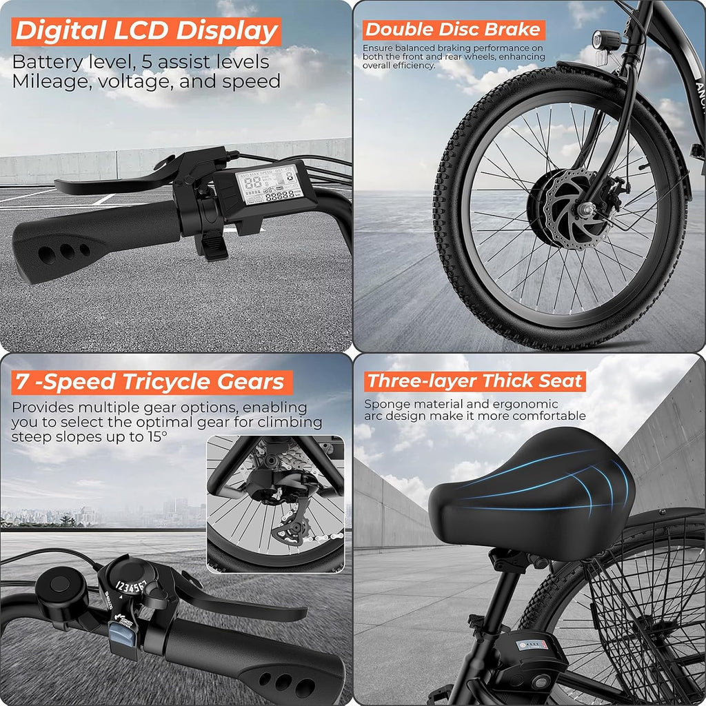 ANCHEER Electric Tricycle for Adults, 350W(Peak 550W) Etrike, 48V/499Wh Ebike, 24' Folding 3 Wheel Electric Trike, 15.5MPH & 55Miles Electric Bike, Rear Differential, Rear Basket