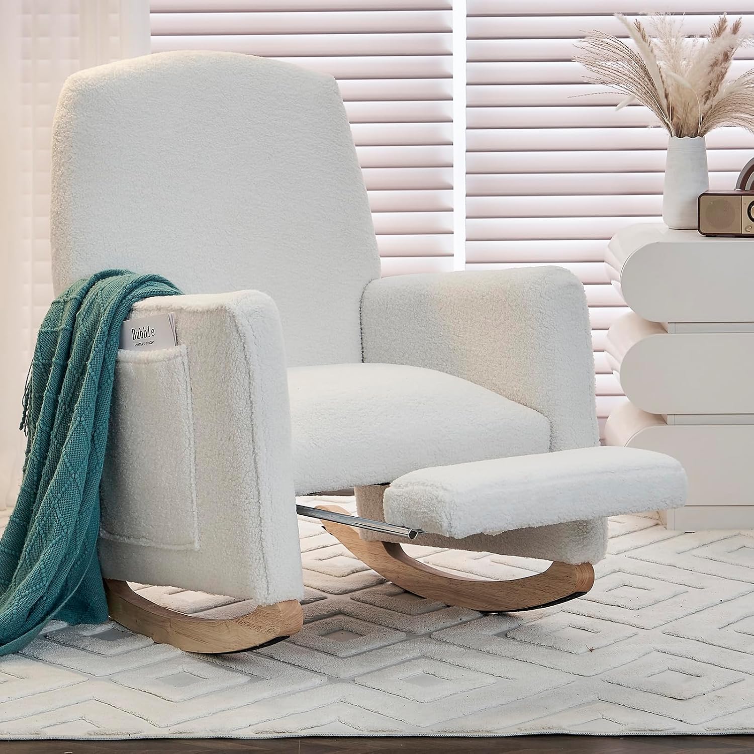 Rocking Chair Nursery with Foot Rest, Teddy Nursing Rocking Chair with High Backrest, Glider Rocker Chair for Living Room, Bedroom, Nursery(Teddy Ivory)
