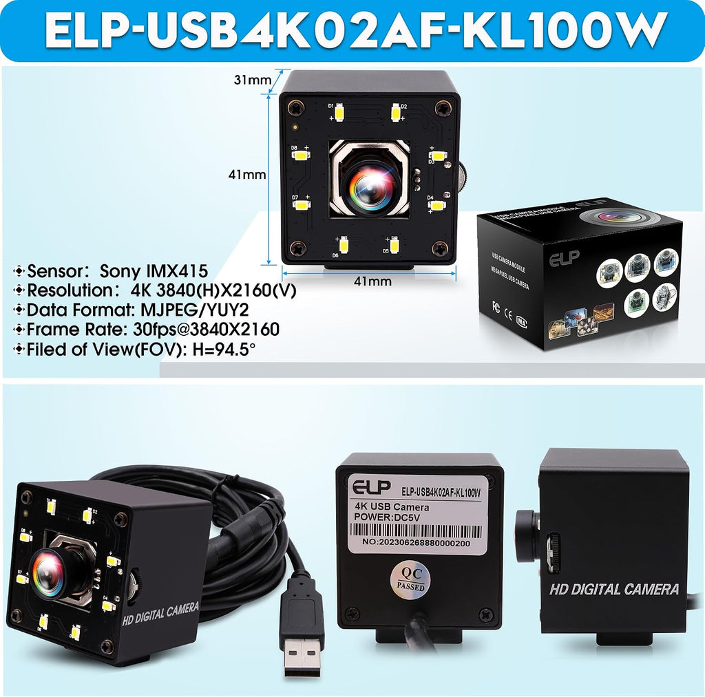 ELP 4K USB Camera Night Vision 8mp Autofocus Webcam for Computer Mini UVC USB2.0 Lightburn Camera IMX415 USB Security Camera PC Camera for Raspberry pi Jetson Nano (100degree No Distortion Lens)