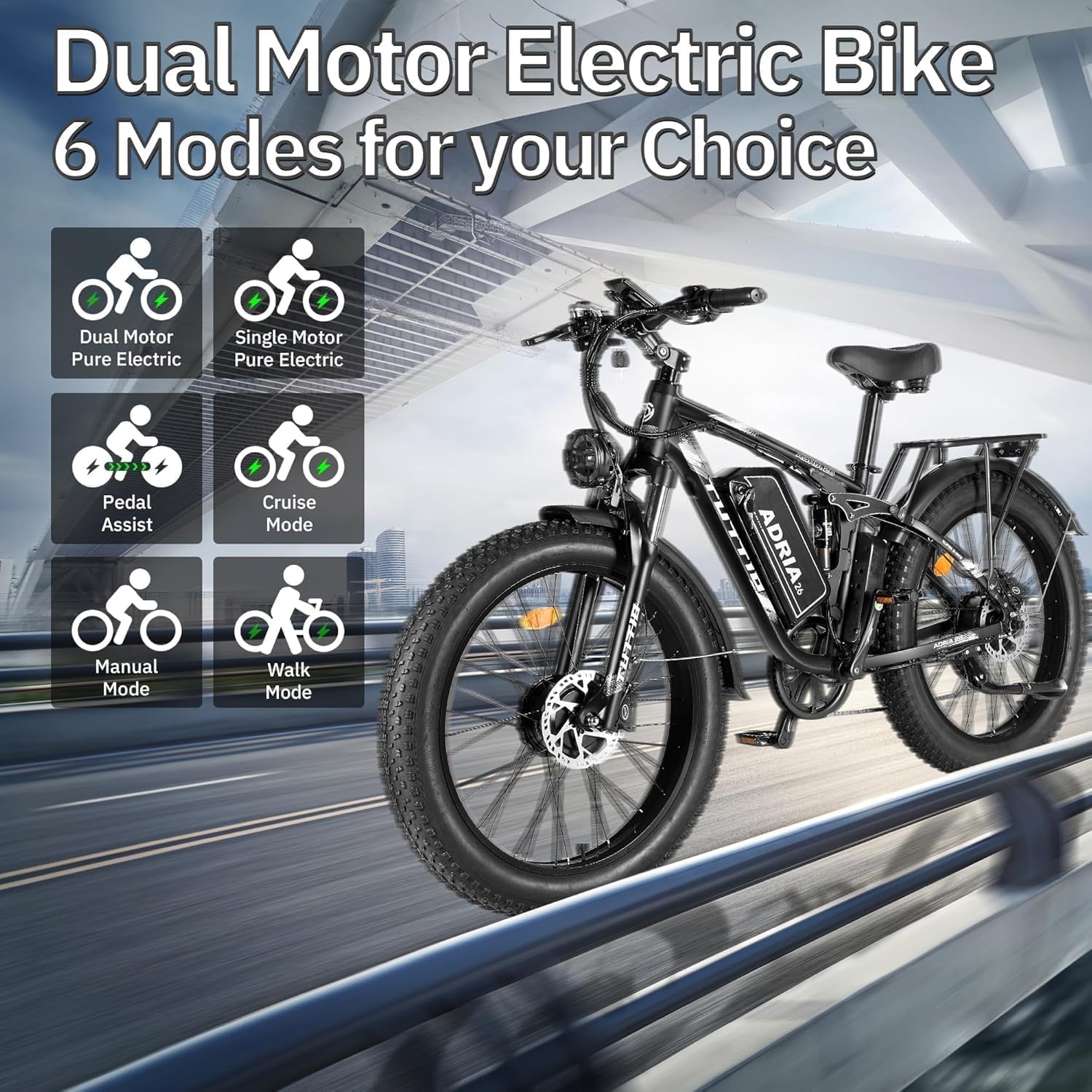 Tuttio-Adria26 6000W/5000W Peak Dual-Motor Ebike for Adults - 52V Fast Ebike, Long-Range Electric Bicycle, Full Suspension, 26 Inch Fat Tire Bike for Off-Road, Mountain, Snow, Hunting, Commuting