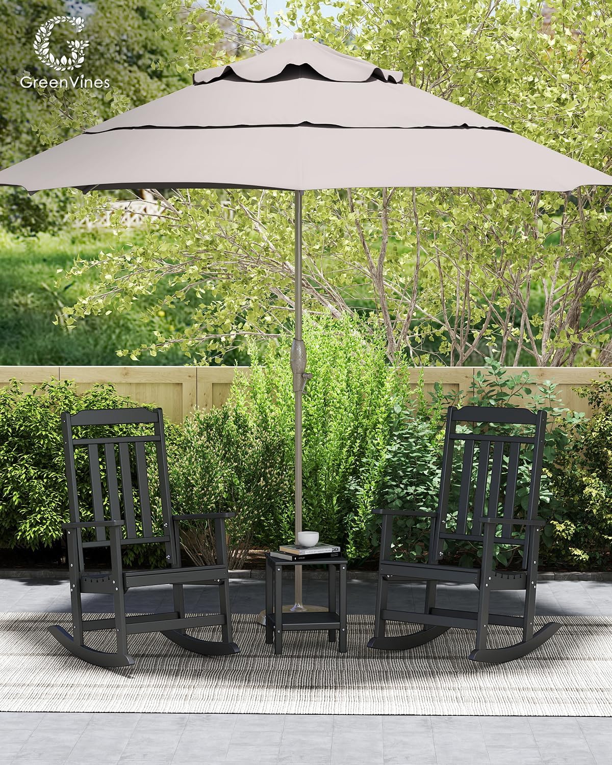 GREENVINES Outdoor-Rocking-Chairs-Set-of-2 | HDPE Plastic | Patio Rockers | Porch Rocker Chair | Oversized | High Back | Big & Tall | Black