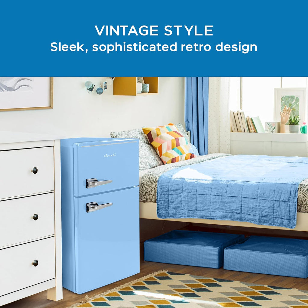 Avanti Mini Fridge with Freezer Retro Design Compact Refrigerator for Home Office or Dorm, Features Dual Doors Removable Shelves Manual Defrost and Mechanical Adjustable Temp Control, 3.1-Cu.Ft, Blue