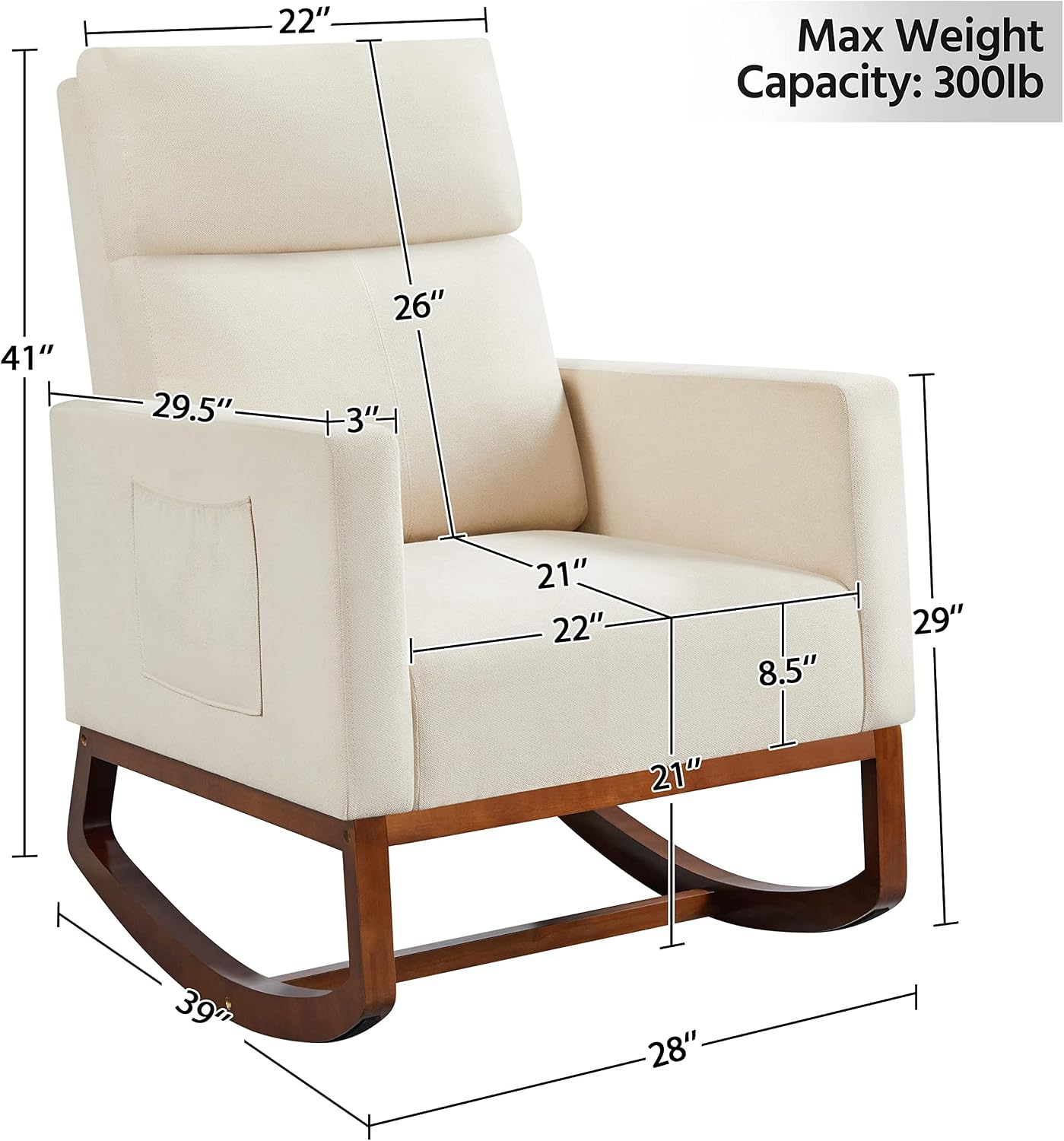 Yaheetech Rocking Chair Nursery Upholstered Glider Chair with Rubber Wood Legs Side Pocket, Rocking Accent Armchair High Back for Living Room Bedroom, Beige, 2pcs