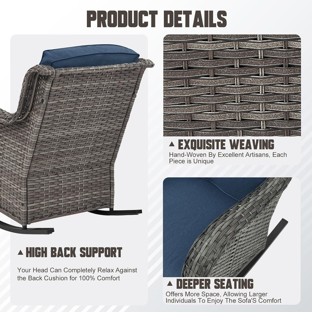 Patio Rocking Chairs Set of 2, Outdoor Gliders Patio Rockers, Wicker Outdoor Rocking Chairs for Porch, Deck, Yard, Sunroom, Garden, Grey Wicker/Blue Cushions