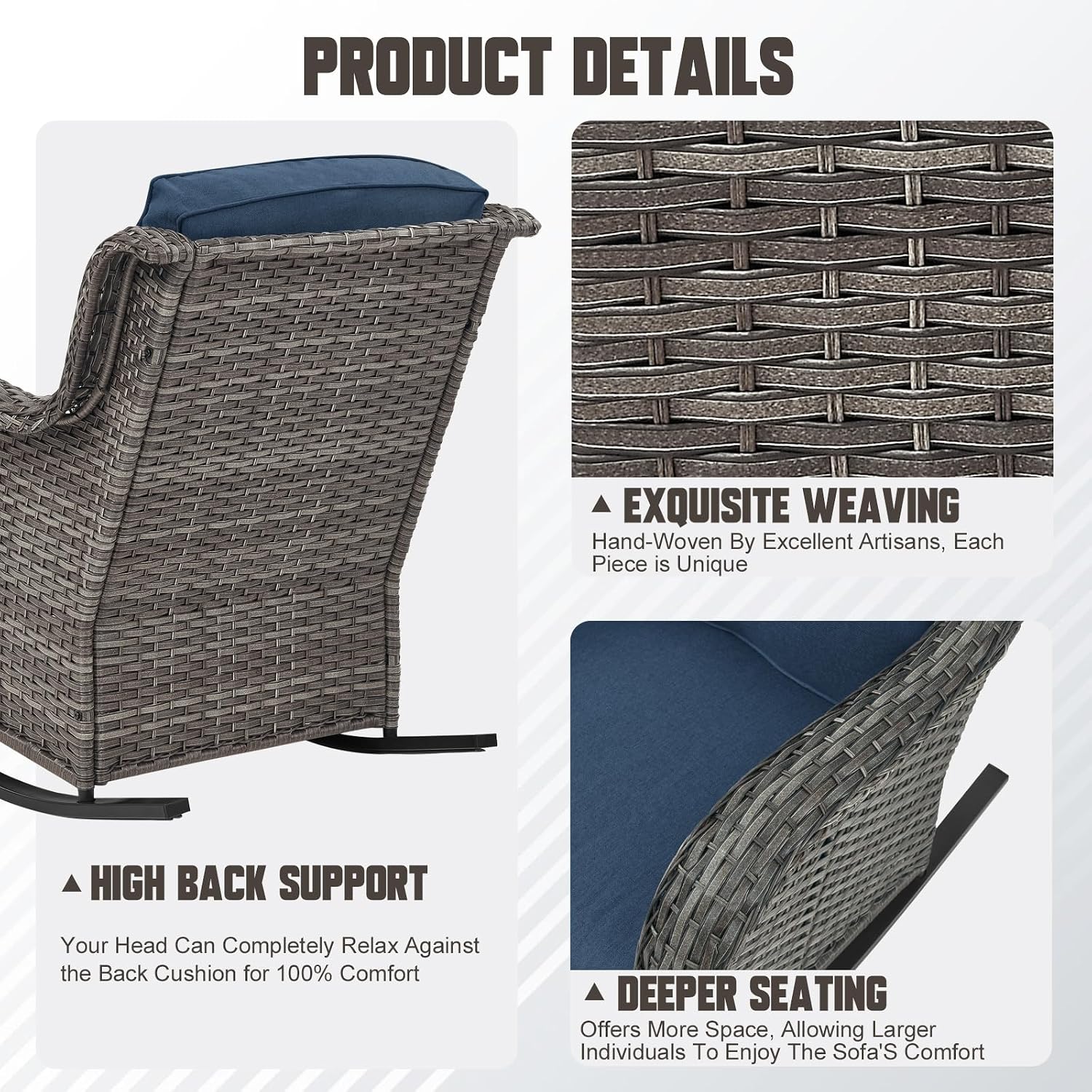 Patio Rocking Chairs Set of 2, Outdoor Gliders Patio Rockers, Wicker Outdoor Rocking Chairs for Porch, Deck, Yard, Sunroom, Garden, Grey Wicker/Blue Cushions