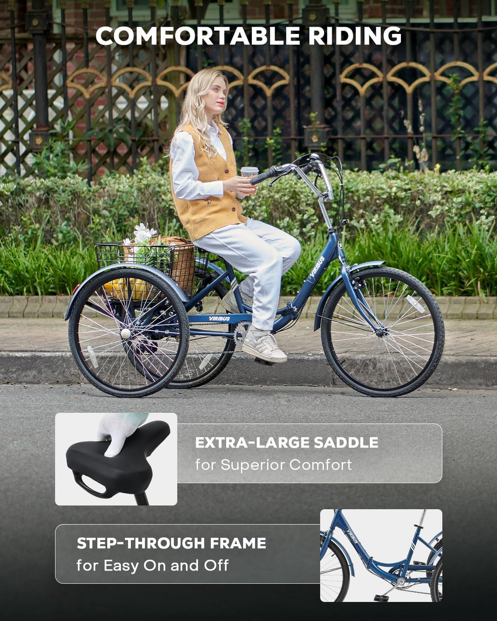 VIRIBUS Folding Tricycle for Adults, 7 Speed Foldable Adult Tricycle with Removable Wheeled Basket, Folding 3 Wheel Bikes for Women Men Seniors 24 26 inch, Collapsible Three Wheeler Trike 330 LB.