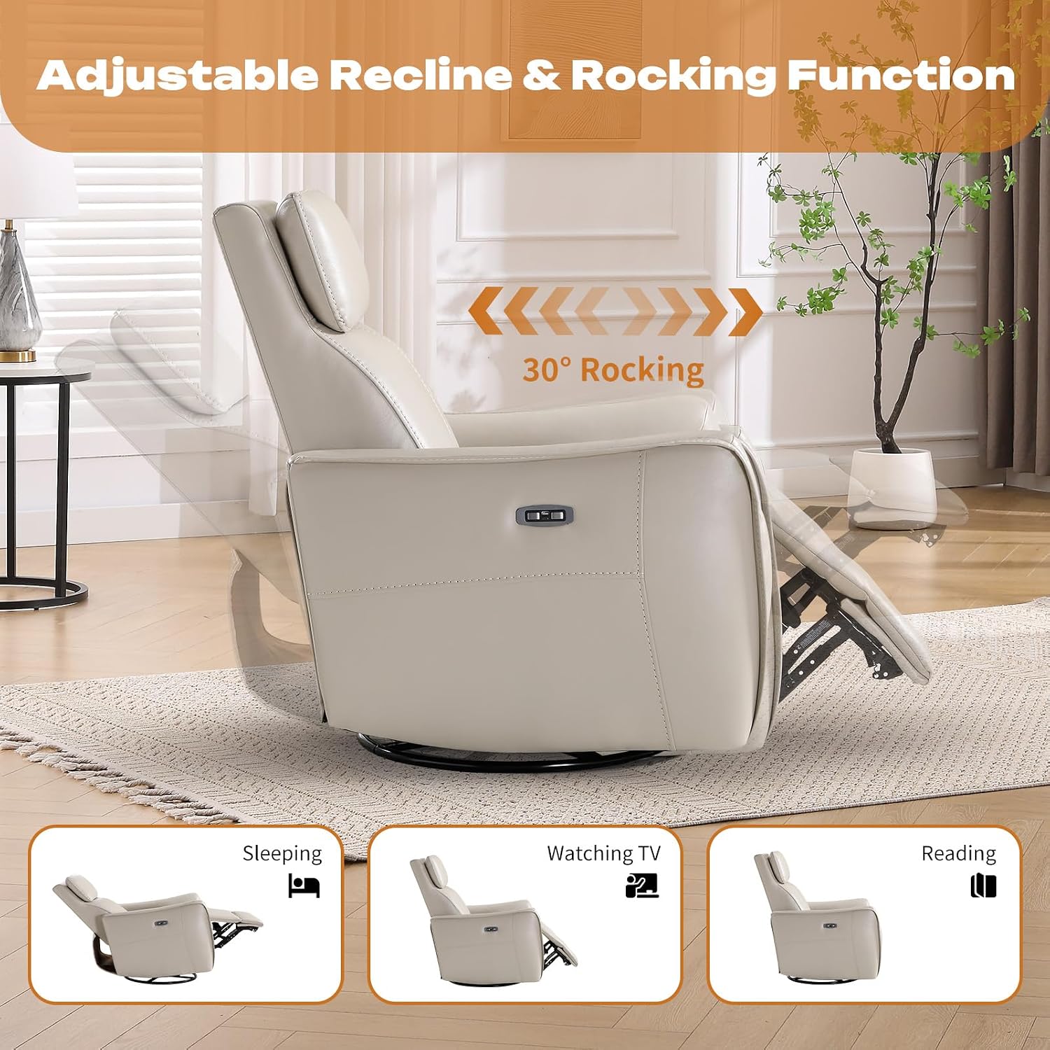 CANMOV Power Swivel Rocker Recliner Chair, Electric Swivel Glider Rocker Recliner for Nursery, Faux Leather Upholstered Rocking Reclining Chair with USB Port for Living Room,Grey