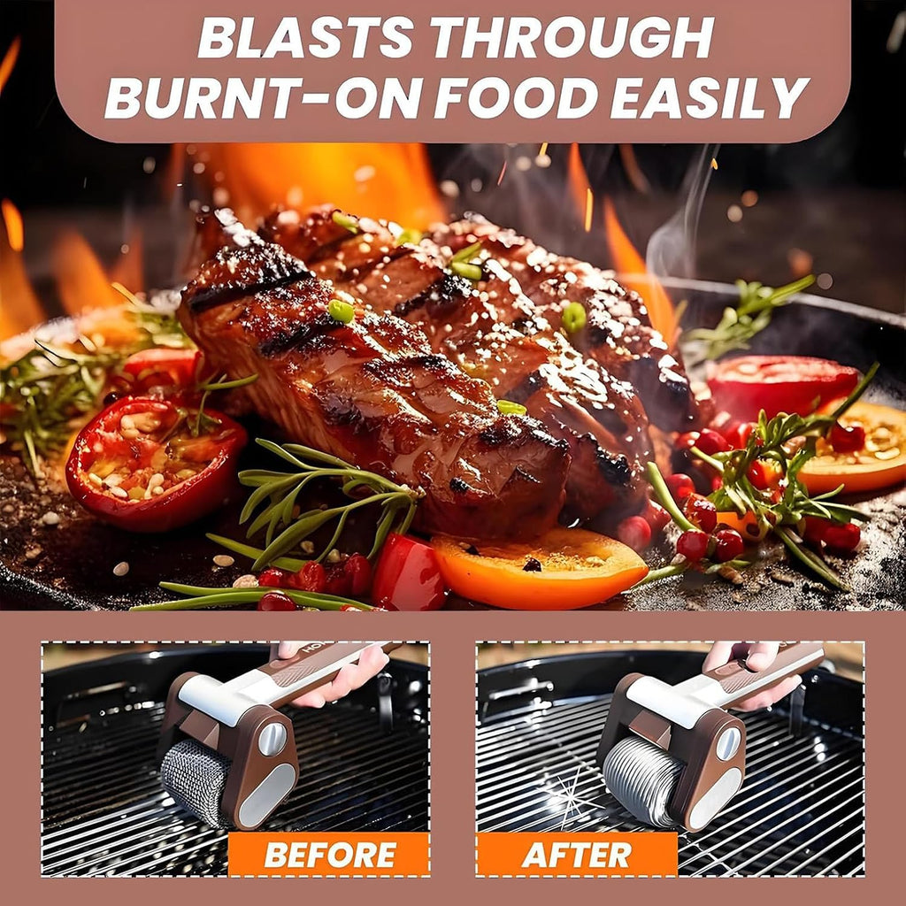 Rechargeable Grill Cleaner with 2pcs Stainless Roller & BBQ Air Blower, Cordless Spinning Grill, Brush, 350 RPM, LED Light, No Bristles, No Preheating, BBQ Tool for Outdoor Camping