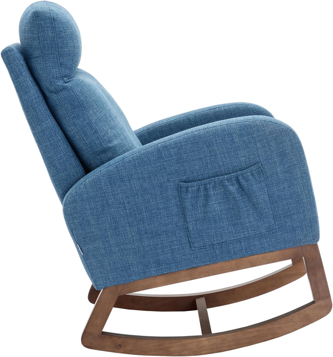 Modern Rocking Chair with Breathable Yellow Linen & Solid Wood Legs - Recliner Glider Armchair Featuring Side Pocket, High Back Support for Nursery, Living Room, Bedroom (Blue)