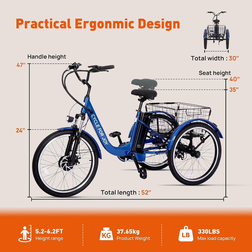 24' Electric Trike，Electric Tricycle for Adults, 350W(Peak 500W) 7 Speeds 3 Wheel Electric Bikes with 48V 13Ah Removable Battery & Removable Large Basket/UL 2272 Certified