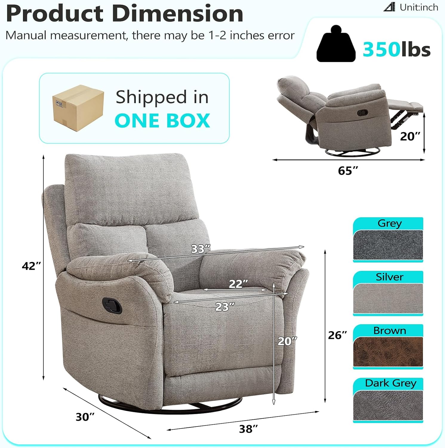 ANJ Swivel Rocker Recliner Chair Set of 2, Manual Fabric Glider Nursery Recliner Chair, Single Rocking Modern Sofa Home Theater Seating for Living Room, Nursery (Silver)