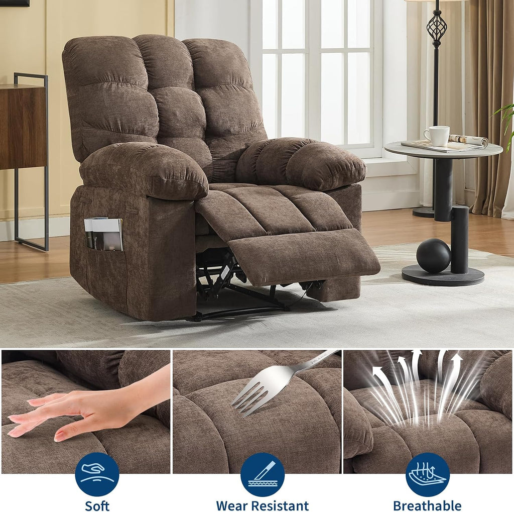 Recliner Rocking Chair with Massage & Heat, Wide Overstuffed Fabric Recliner with Breathable Upholstery, Ergonomic Design, 2 Side Pockets & Remote Control for Living Room or Bedroom (Darkbrown)